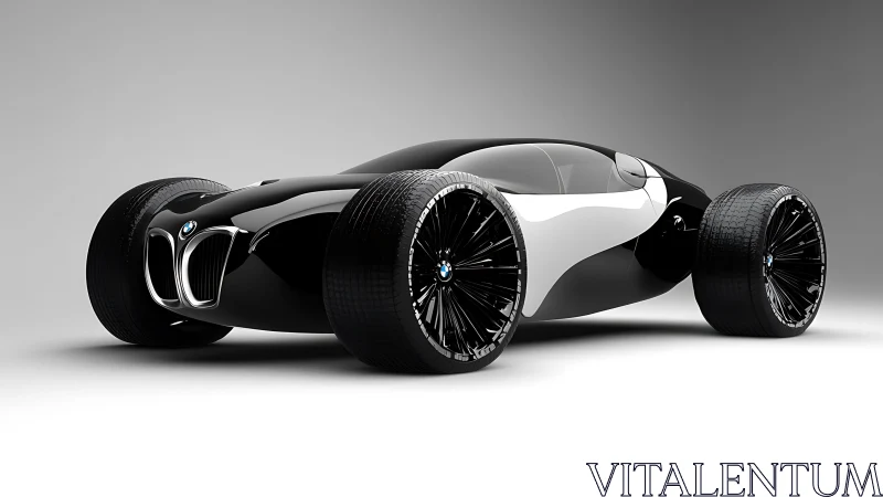Conceptual BMW sports car with oversized wheels on gray ground.