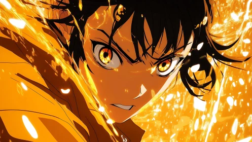 Fiery eyed anime fighter stares forward with explosive energy