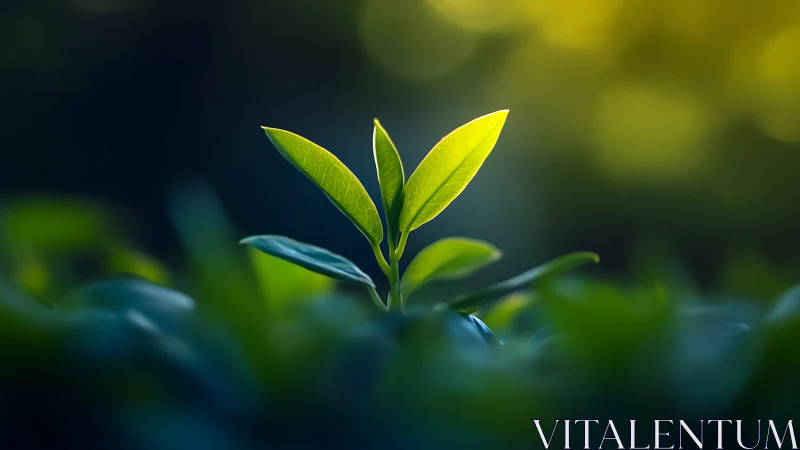 Bright new leaf reaches toward soft morning forest light