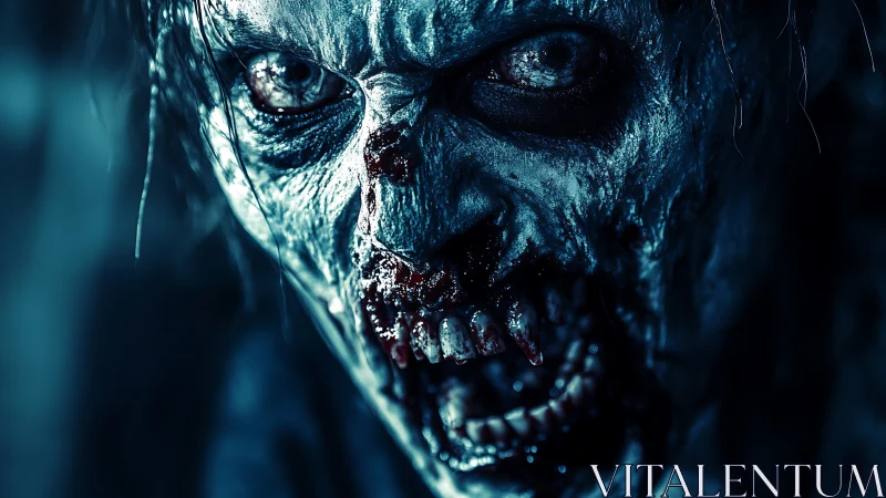 High-contrast close-up cinematic portrait of feral zombie