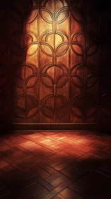 Ornate wood panel wall with illuminated parquet floor study.
