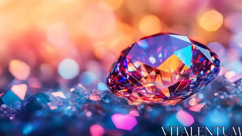 Prismatic gemstone on crystal bed under neon bokeh glow.