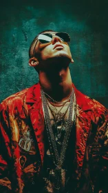 Neon streetwear icon stands under cinematic teal light.