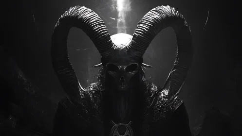 Shadowed horned warlord pauses beneath a single pale light