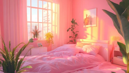 Soft pink bedroom glows with gentle sunrise light and plants