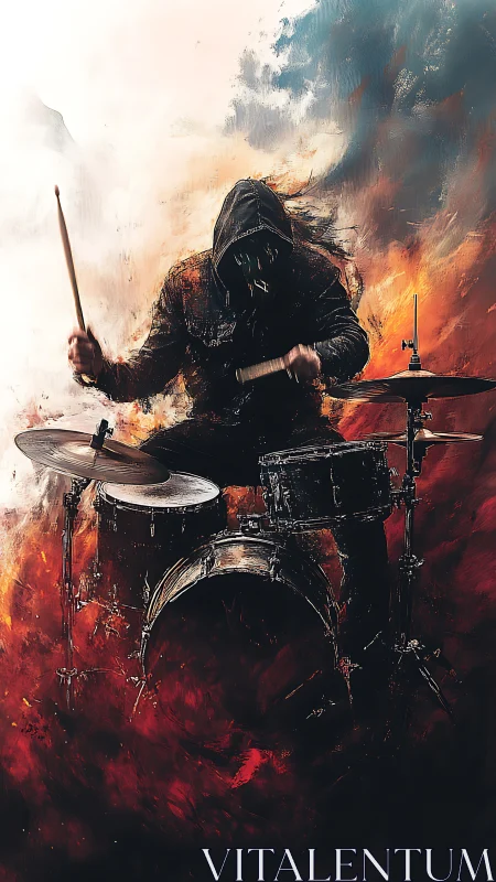 Hooded drummer ignites the stage in swirling fiery color.