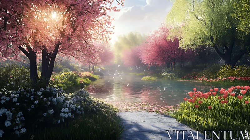 Spring blossoms glow around a tranquil, petal-dusted river