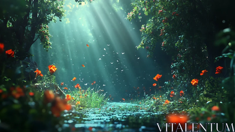 Enchanted forest stream glows under cascading sunbeams.