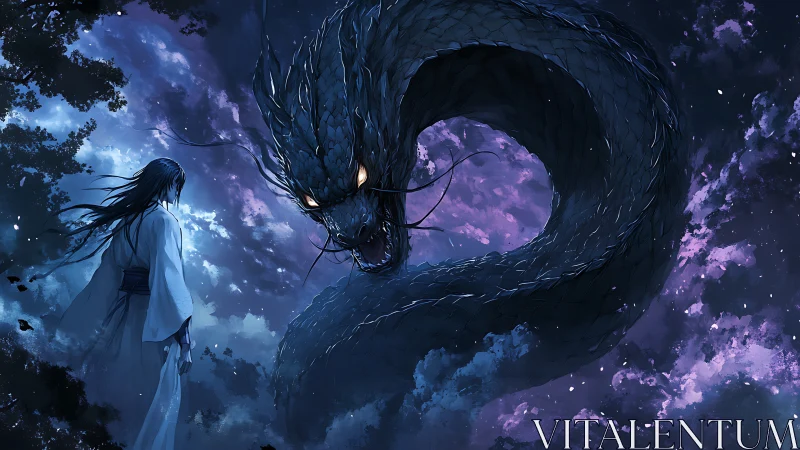 Moonlit warrior confronts celestial serpent amid storm clouds.