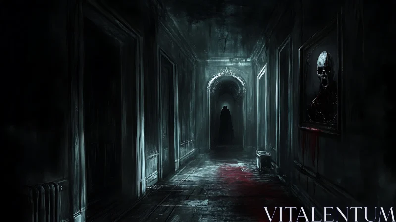 Shadowed corridor with cloaked figure and bleeding portrait.