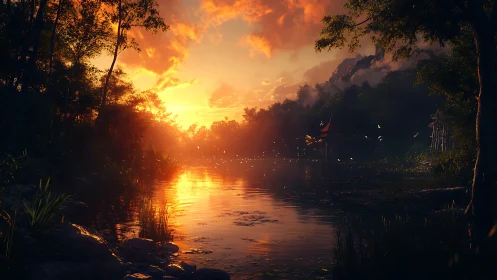 Sunset light floods calm forest river with glowing reflections