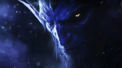 Sinister blue demon close-up with glowing yellow eye.