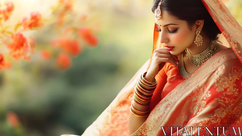 Digital painting of bride in ornate orange sari, profile view.