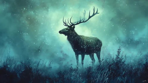 Solitary stag rendered in atmospheric teal-azure digital mist