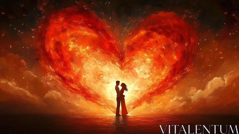 Silhouetted couple embraces beneath massive flaming heart sky.