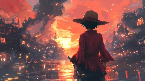 Wanderer in a burning harbor sky, ready for tomorrow’s dawn.