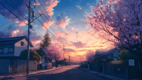 Sakura-lined suburban street under glowing sunset sky.