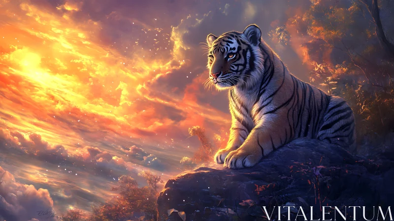 Solitary tiger observes blazing sunset above cloud sea