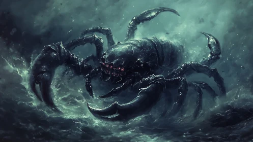 Stormlit sea monster crab rising from churning waves.