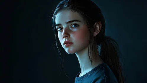 Low-key digital portrait with volumetric blue rim lighting.