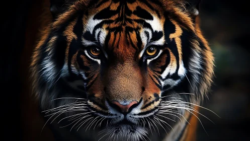 Tiger face close-up with sharp eyes and dark background.