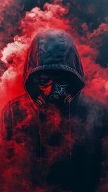 Hooded cyber-noir figure in gas mask amid red atmospheric smoke