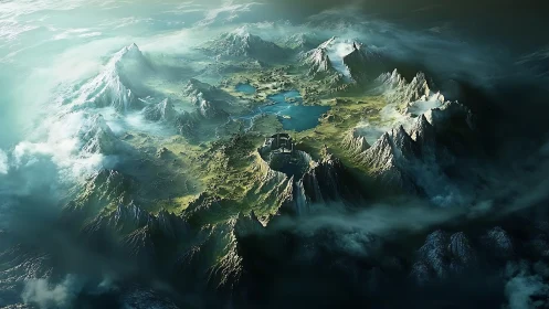 Alpine Sanctuary: Snow-Crowned Peaks Embracing Emerald Valley. Digital Rendering.