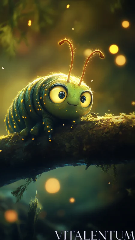 Glowing caterpillar character on mossy branch at dusk.