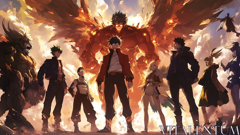 Heroic anime team facing fiery winged giant figure.