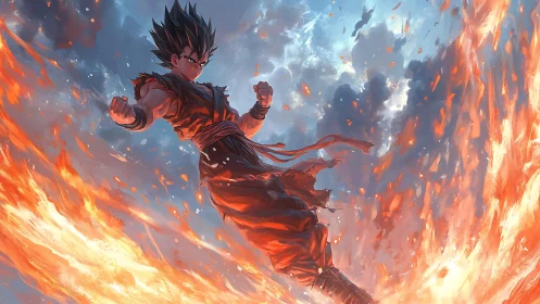 Fiery warrior ascends through swirling flame vortex sky