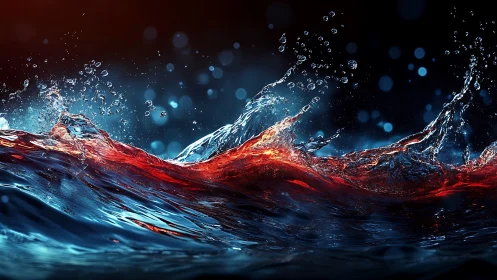 High-speed macro wave captures luminous red-blue liquid turbulence