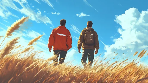 Two people walk through tall golden grass under blue sky