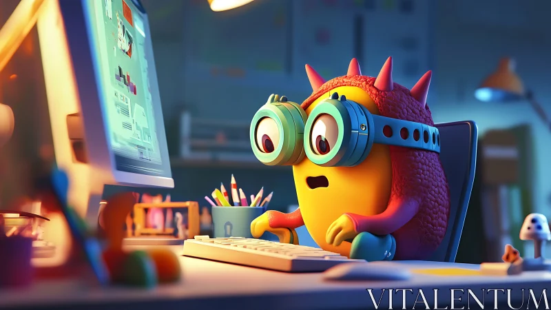 Cartoon creature with goggles types at a desktop computer