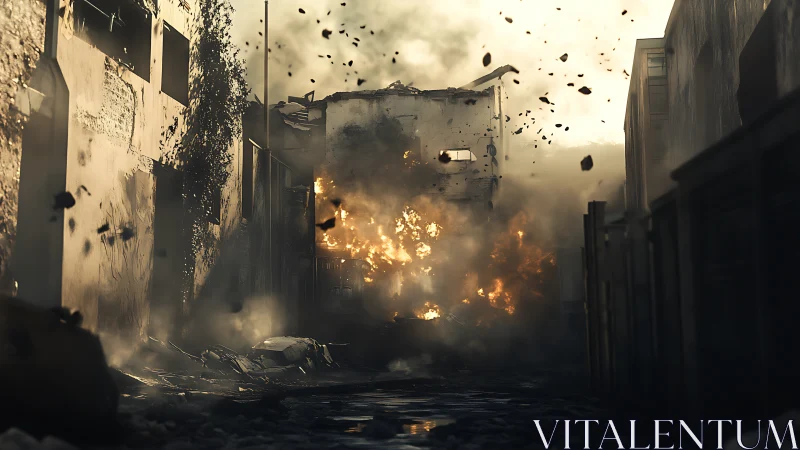 Explosive alleyway drama wrapped in smoke and flying debris.