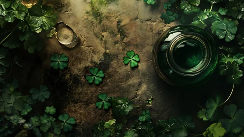 Clover leaves and green glass jar on aged earthy surface.