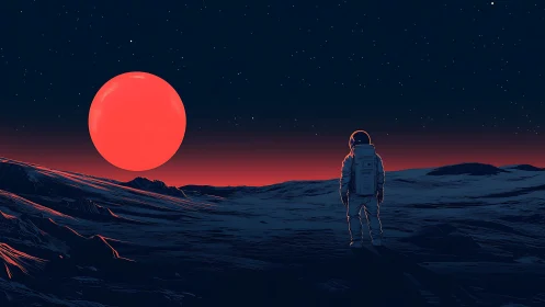 Solitary suited figure on alien terrain at red horizon.