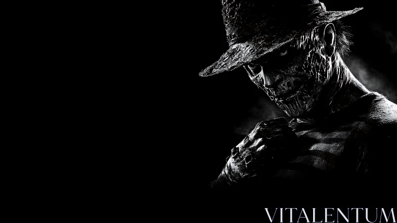 Monochrome horror specter in stratified chiaroscuro portrait.