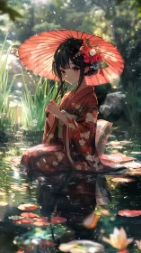 Kimono-clad girl with parasol seated in reflective pond.