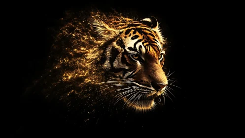 Glowing tiger portrait burns gently from darkness into light