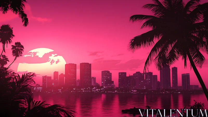 Neon tropic skyline under oversized magenta sunset glow.