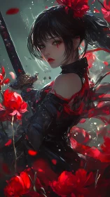 Scarlet blade and midnight blooms around a quiet warrior.