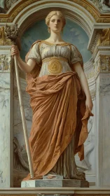 Marble-clad goddess of reason standing in silent triumph.