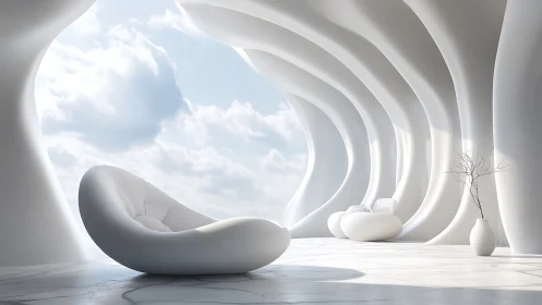 Modernist Interior: Sculptural Seating in Radiant White Volumetric Space