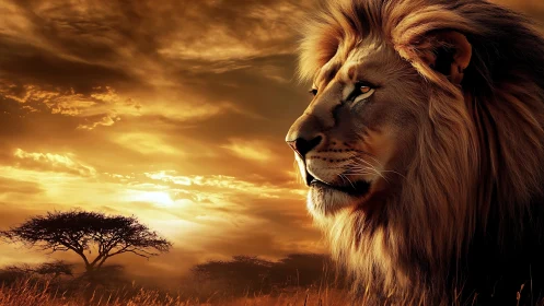 Male lion profile under dramatic golden savanna sunset sky