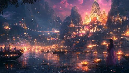 Temple complex is illuminated by floating river lanterns at dusk