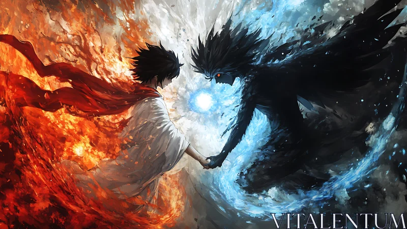 Elemental duel unites fire and ice in dramatic balance.