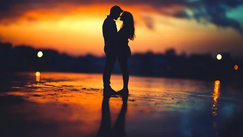 Couple Kissing at Sunset Silhouette