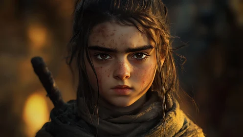 Fierce ember-eyed wanderer girl in dusk-warm battlefield gaze.