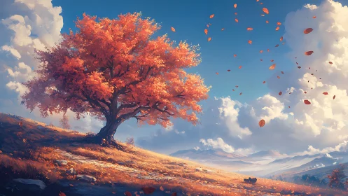 Autumnal hillside tree under volumetric clouds in motion field.