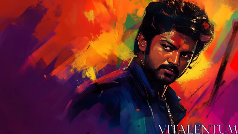 Color storms swirl behind a brooding neon-lit portrait